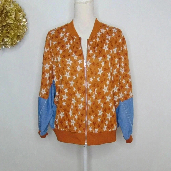 Gigio Jackets & Blazers - Gigio Women's Cotton Star Patterned Denim Contrast Sleeve Bomber Jacket Size S